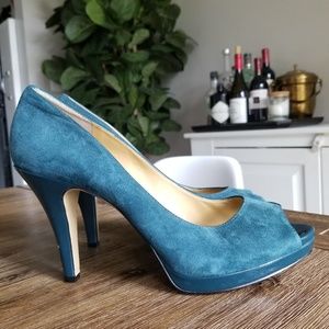 Nine West Teal Danee Leather Peep Toe Heels